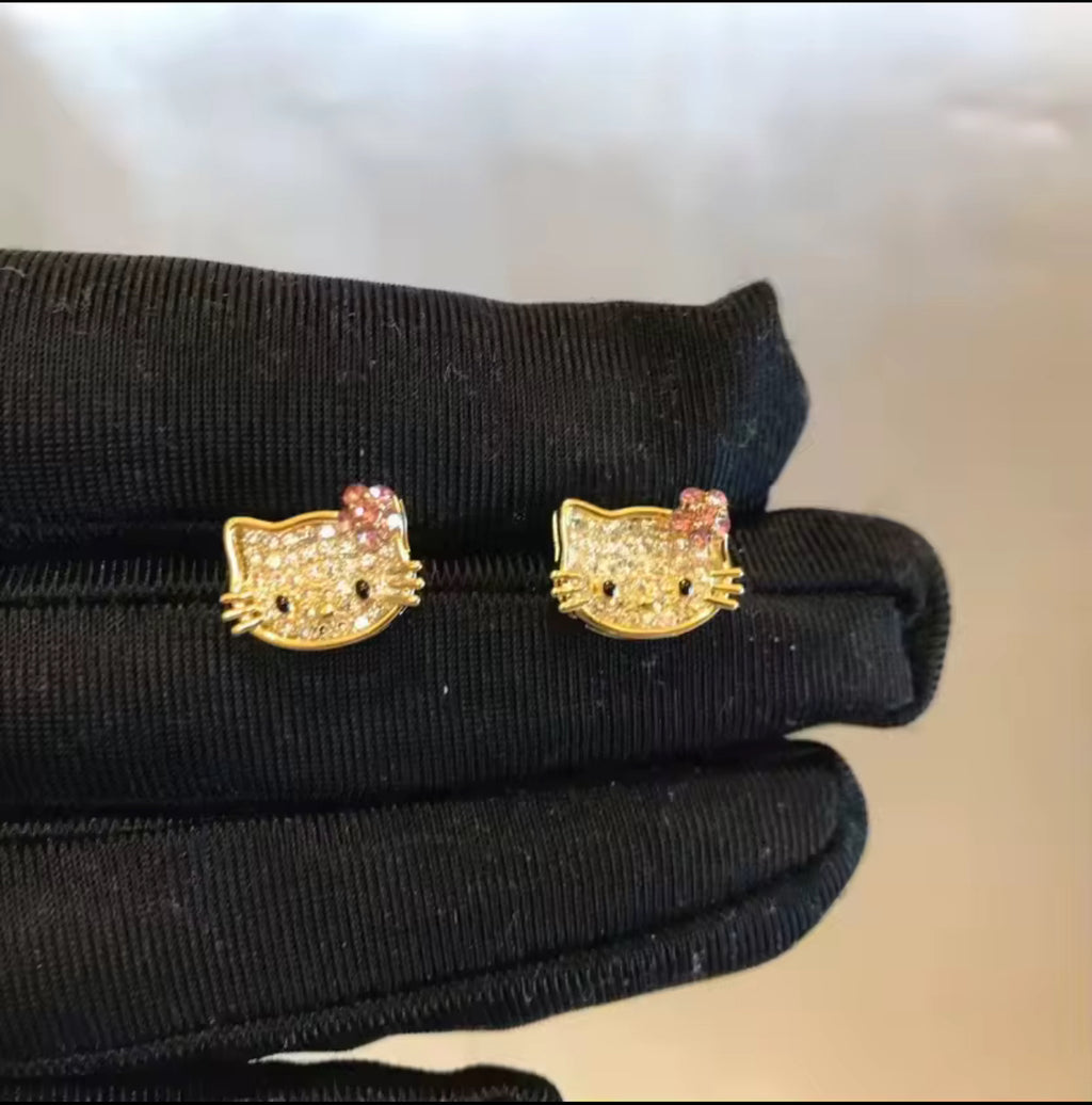 Hello Kitty Crystal Stud Earrings – Gold Tone