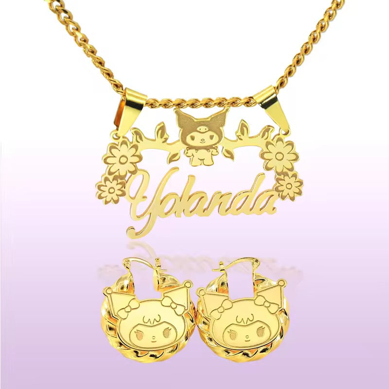 Custom Nameplate Necklace & Matching Character Hoop Earrings Set
