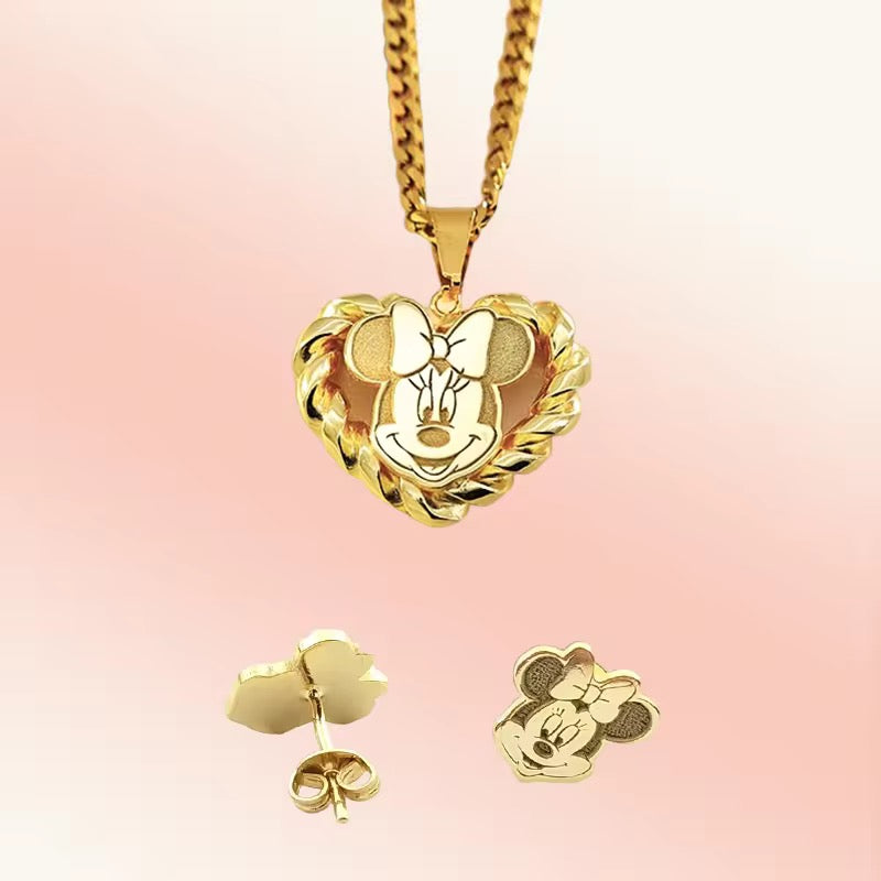 Mini Mouse Pendant Necklace & Stud Earrings Set – Gold & Silver Jewelry